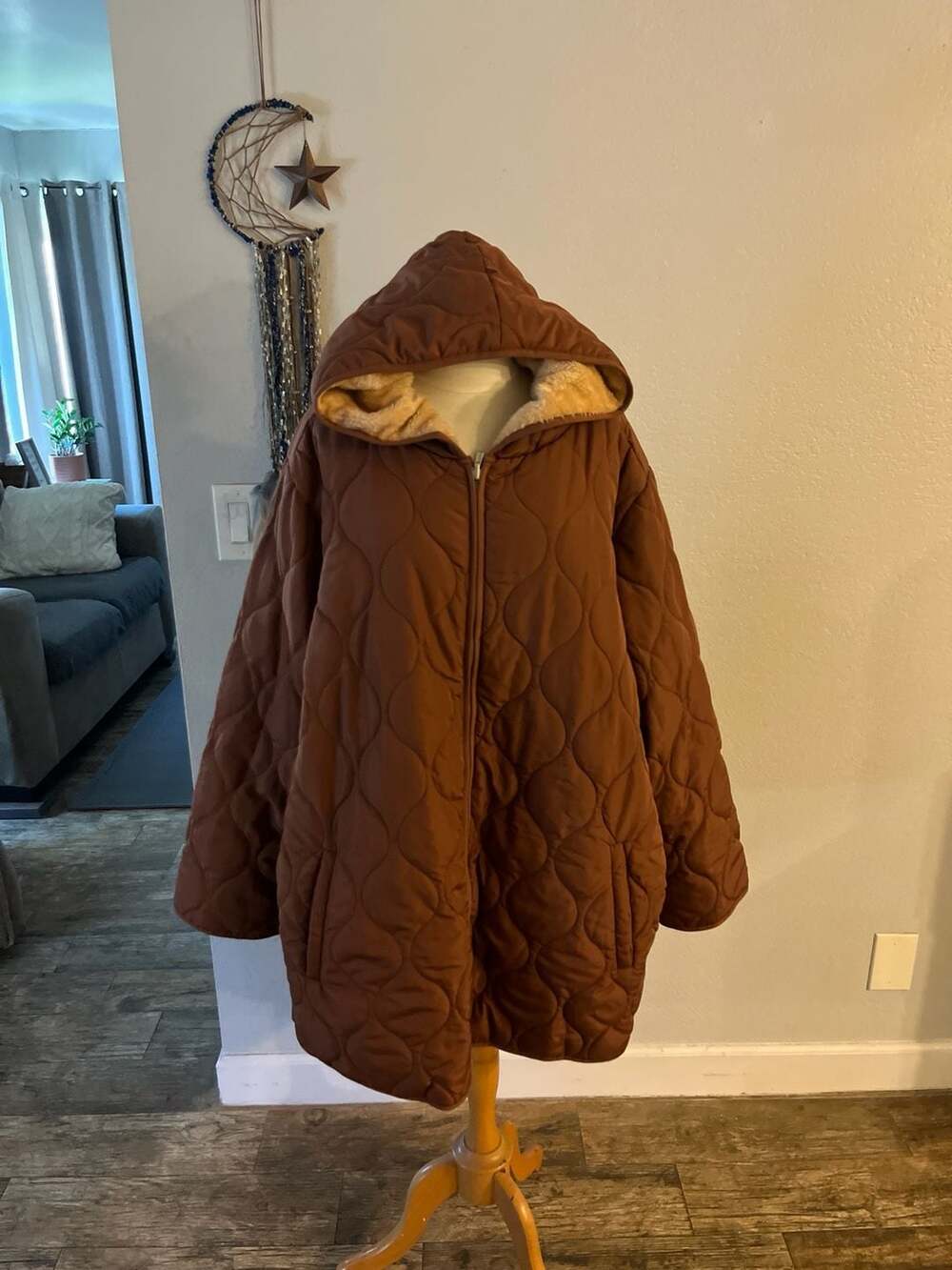Susan Graver Quilted to Faux Fur Hooded Jacket Coat Camel Plus Size 4X
